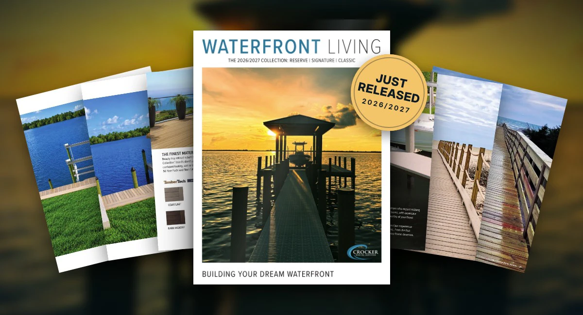 Crocker Marine Services Waterfront Living 2026/2027 Collection catalog featuring Reserve, Signature and Classic dock designs, with a covered boat lift dock at sunset on the cover