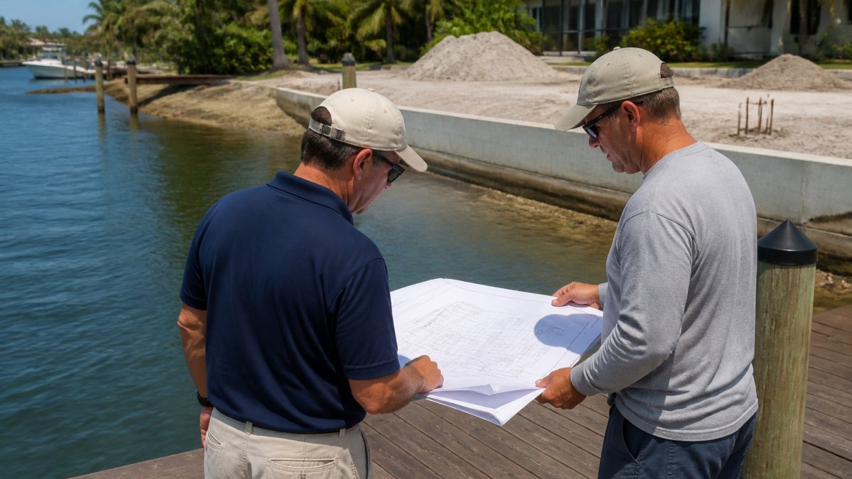 Marine contractor reviewing blueprints with a client for marine construction services Sarasota in Florida